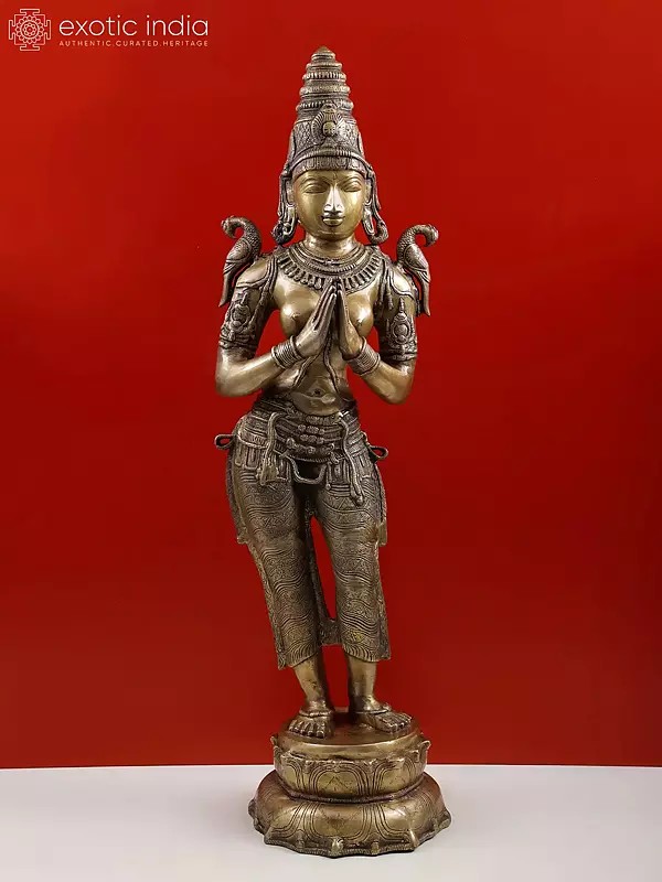 45" Large Brass Namaste Lady Idol (The Celestial Doorkeeper Flanking Temple Doors)