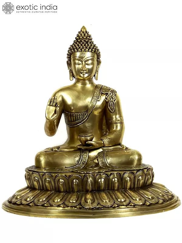 22" Preaching Buddha Seated on Wide Double Lotus Pedestal In Brass | Handmade | Made In India