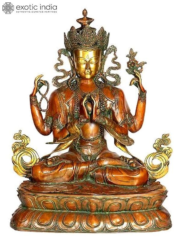 27" Large Size Four-Armed Avalokiteshvara Brass Sculpture | Tibetan Buddhist Deity Idol