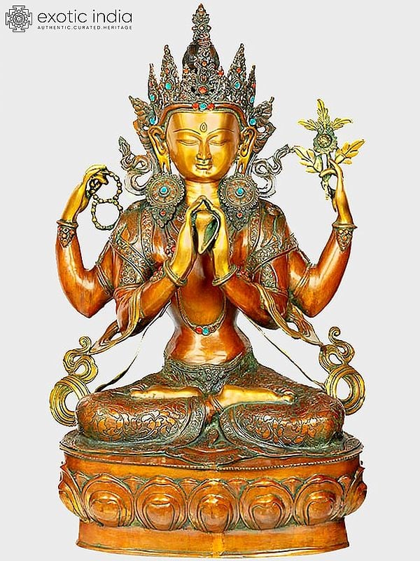 38" Tibetan Buddhist Deity Large Size Shadakshari Lokeshvara (Chenrezig) In Brass | Handmade | Made In India