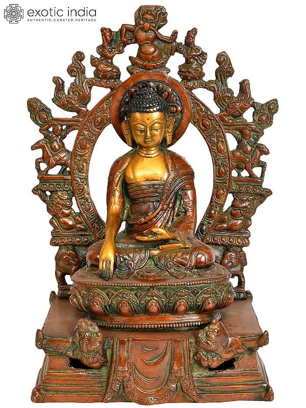 10" Lord Buddha Seated on Six-Ornament Throne of Enlightenment In Brass | Handmade | Made In India