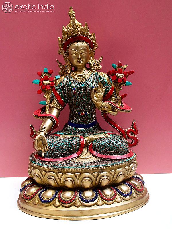 13" Brass Goddess White Tara with Inlay Work