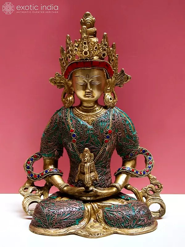 10" Brass Amitayus Buddha with Inlay Work