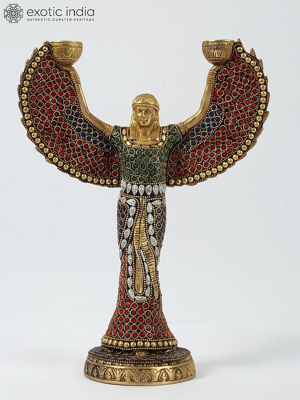 12" Egyptian Goddess Isis with Candle Holder | Brass with Inlay Work