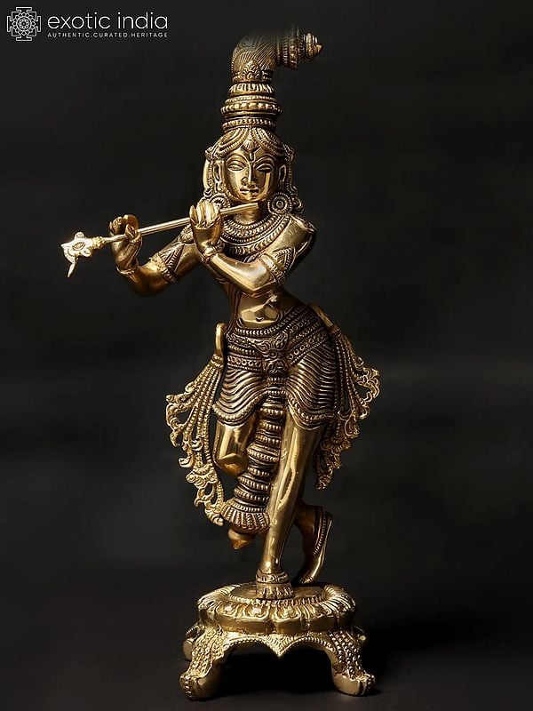 10'' Shri Krishna Playing Flute on Chowki | Brass Statue