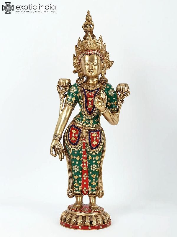 20'' Standing Goddess Tara With Stone Work | Brass