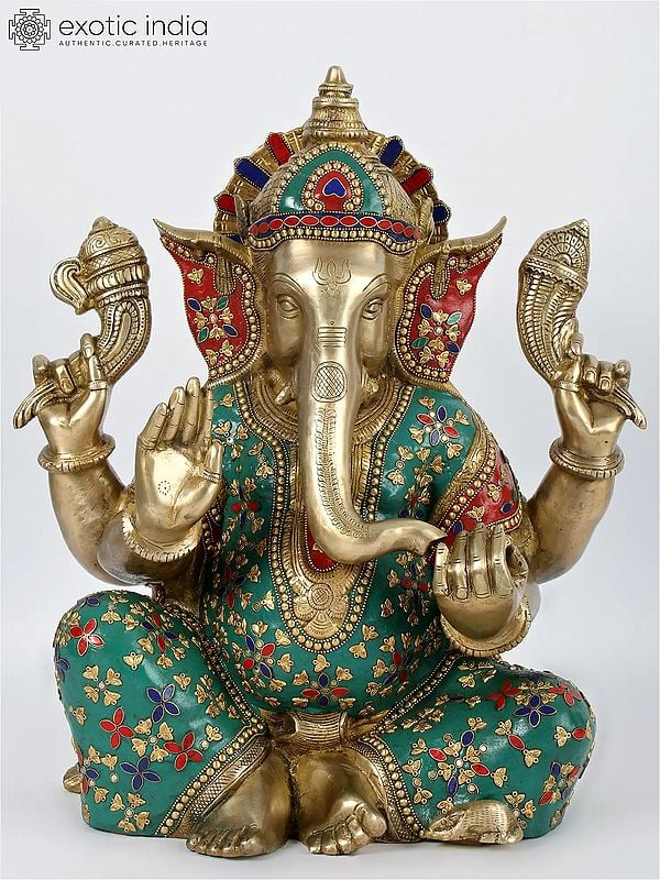 19'' Seated Ganesha With Colorful Stone Work | Brass