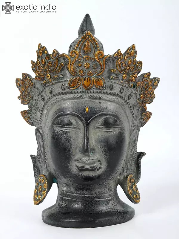 8'' Yellow Crowned Peaceful Buddha Head | Brass