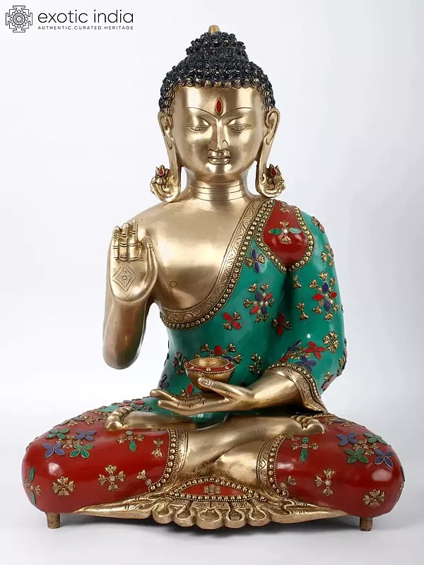 19" Brass with Stone Work Tibetan Buddhist Preaching Buddha