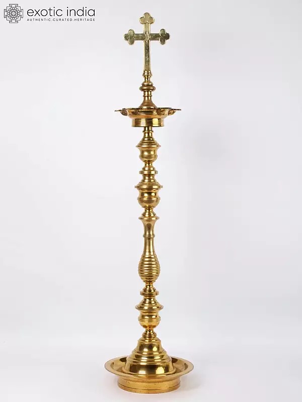 46'' Large Oil Lamp With Cross On Top | Brass