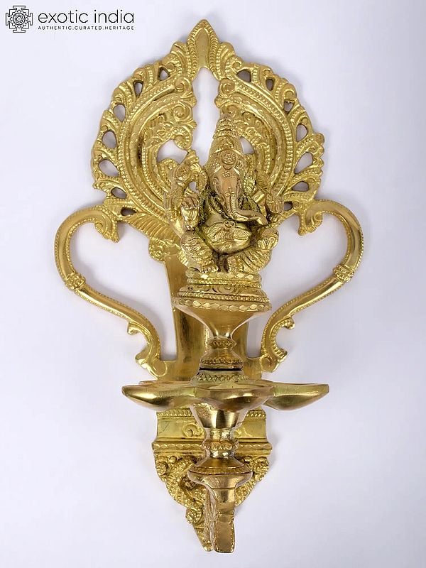 11'' Multiple Wicks Lord Ganesha Lamp | Wall Hanging | Brass