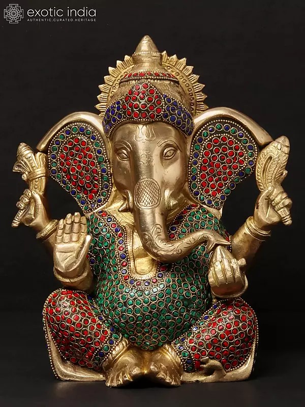 11'' Four-Handed Blessing Ganesha | Brass With Inlay Work