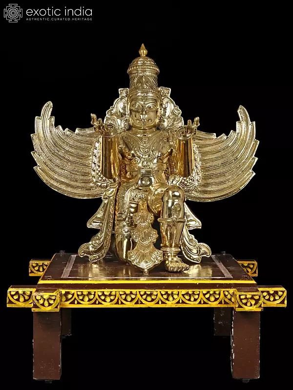 49" Large Garuda - Vahana of Lord Vishnu in Brass on Wooden Pedestal