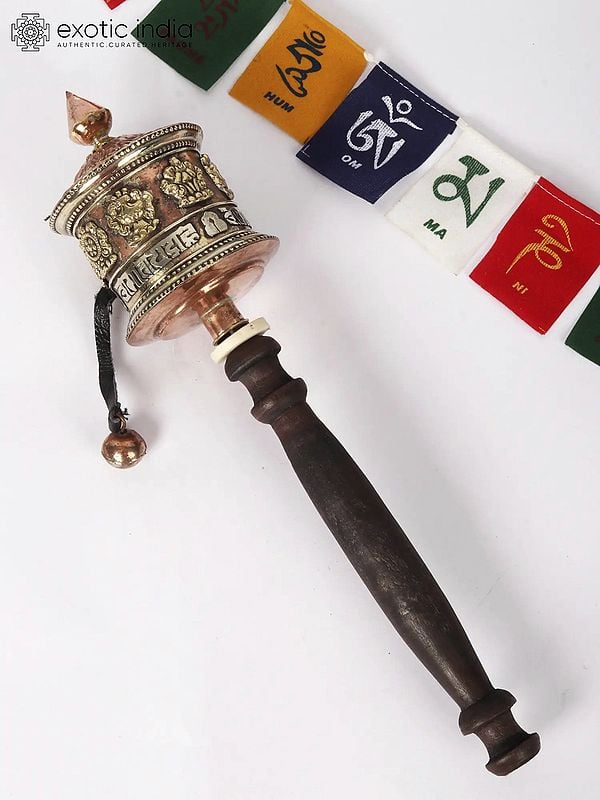 11'' Tibetan Buddhist Prayer Wheel with Ashtamangala Symbols | Copper and Wood | From Nepal