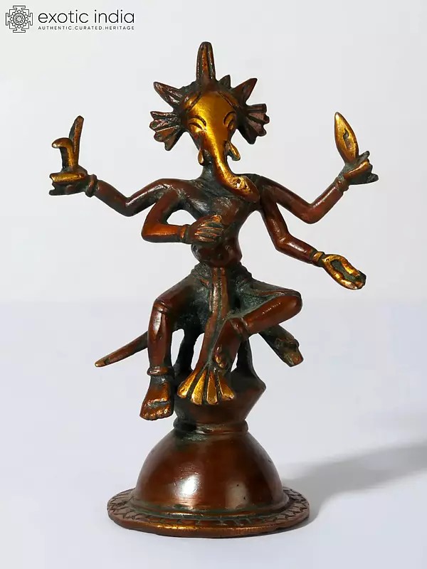 5" Small Tribal Four-Armed Lord Ganesha Idol in Brass
