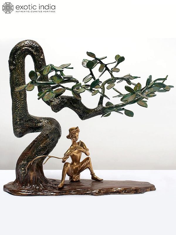 19" Lord Krishna Brass Statue Playing Flute Under Tree