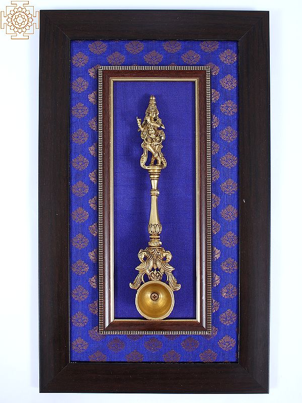 17" Wooden Framed Lord Krishna Ritual Spoon in Brass | Wall Hanging