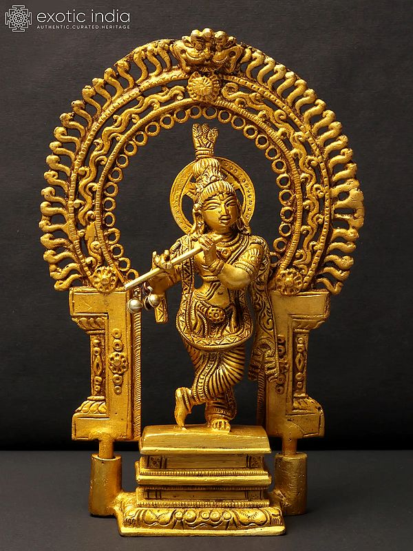 8" Brass Lord Krishna Idol Playing Flute on Kirtimukha Pedestal