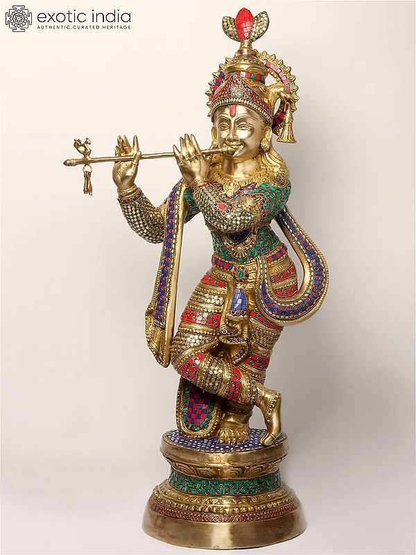 36" Large Lord Krishna Statue Playing Flute | Brass with Inlay Work