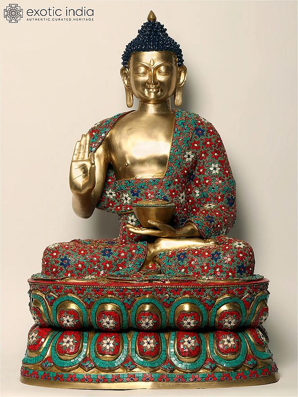 38" Large Buddha Statue in Vitark Mudra | Brass with Inlay Work