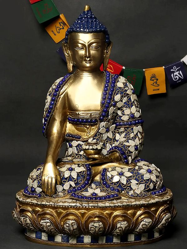 12" Lord Buddha in Bhumisparsha Mudra Brass Statue with Inlay Work