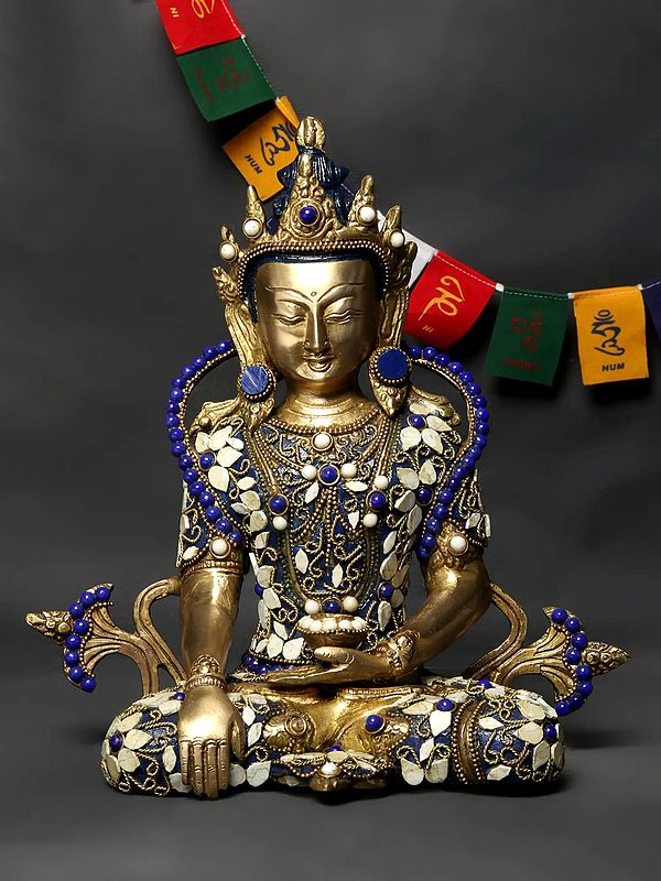 10" Tibetan Buddhist Crowned Buddha Brass Statue with Inlay Work