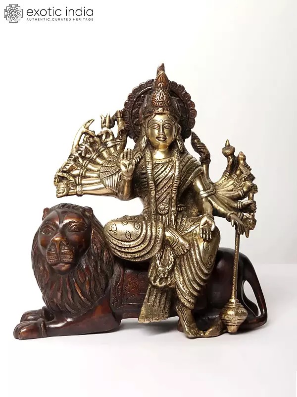 11" Eighteen Armed Goddess Durga Brass Statue Seated on Lion