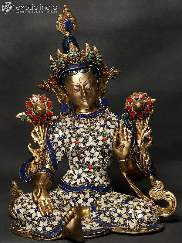 15" Goddess White Tara Brass Statue with Inlay Work