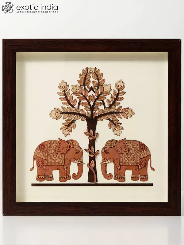 Two Elephants Under the Tree Wood Art | Wall Hanging