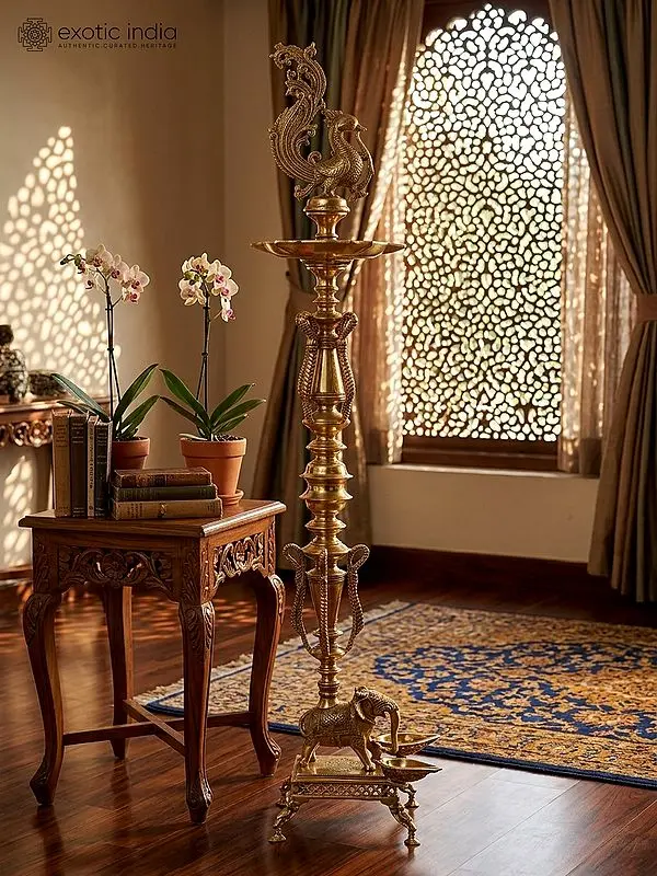 48" Large Superfine Multi Wicks Peacock Lamp on Elephant Back