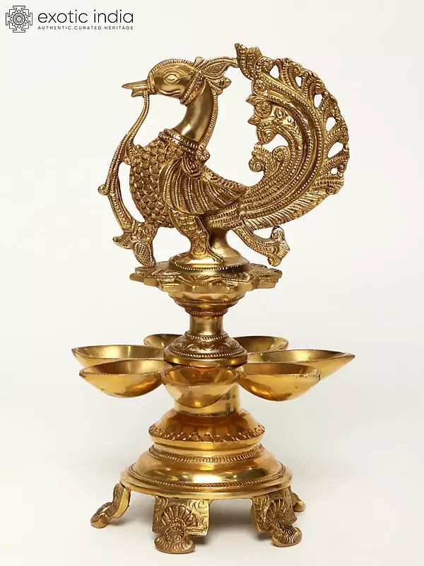 12" Seven Wicks Peacock Lamp in Brass