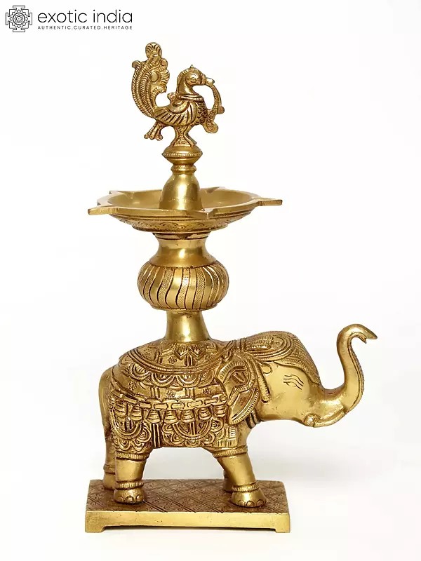 11" Peacock Oil Lamp on Elephant Stand | Brass Statue