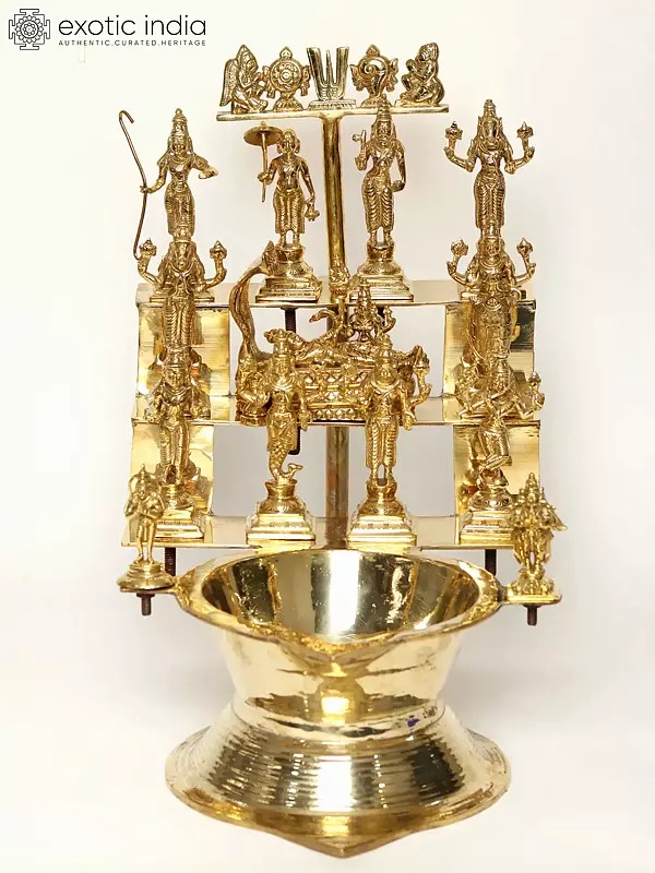 19" Brass Vishnu Dashavatar Oil Lamp