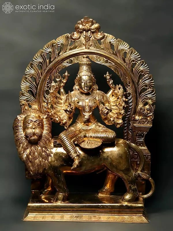 27" Goddess Durga Bronze Statue Seated on Lion with Kirtimukha Throne