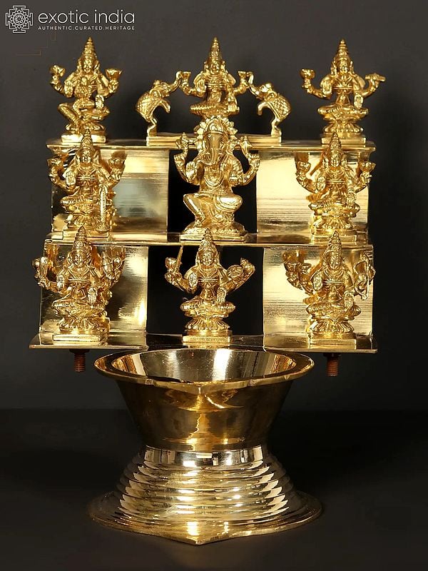 16" Brass Ashta Lakshmi Lamp with Ganesha at Center