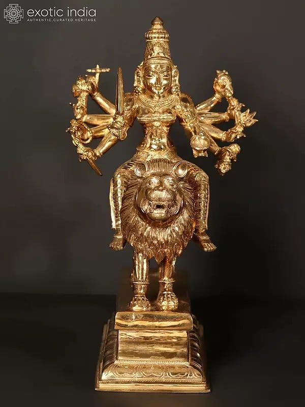 18" Ten-Armed Goddess Durga (Sherawali Maa) Idol Seated on Lion | Bronze Statue