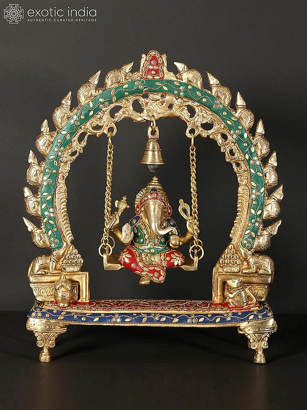 15" Lord Ganesha Brass Idol on Swing with Inlay Work