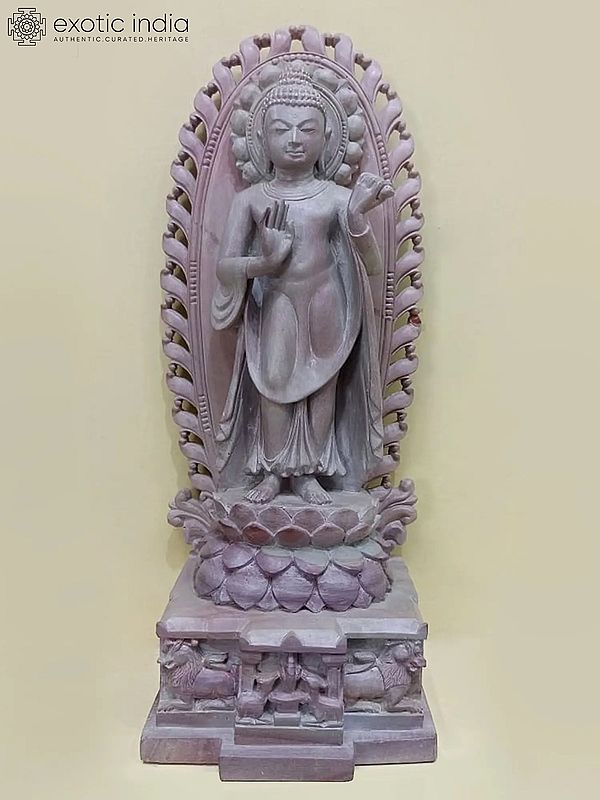 11" Standing Lord Buddha Statue in Blessing Gesture | Pink Serpentine Stone