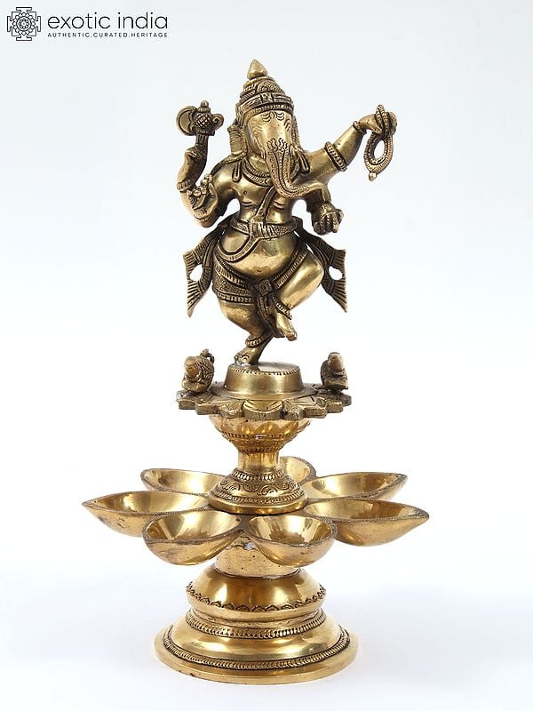 12" Brass Nritya Ganesha Statue on Seven Wicks Oil Lamp