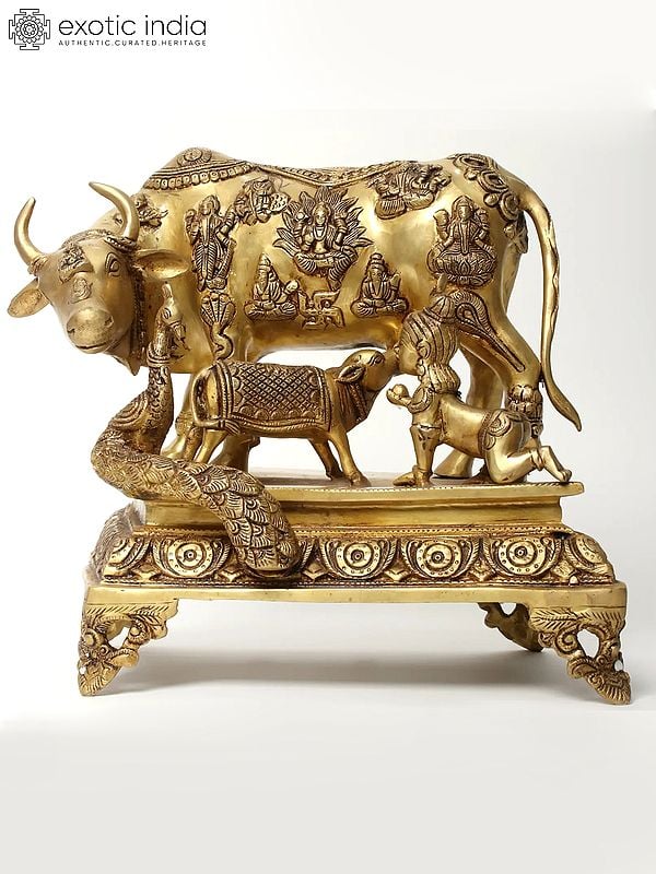 Kamadhenu Cow with Calf & Krishna Figurine | Brass Statue