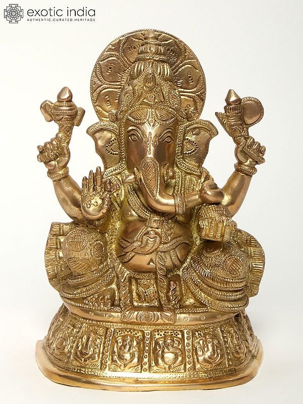 9" Chaturbhuja Lord Ganesha Brass Idol Seated on Pedestal