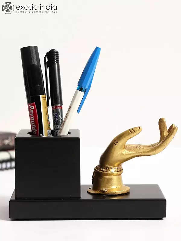 5" Brass Devi Hand with Wooden Pen Stand