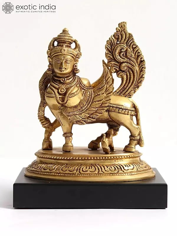 7" Kamadhenu Cow and Calf Idol | Brass Statue with Wooden Base