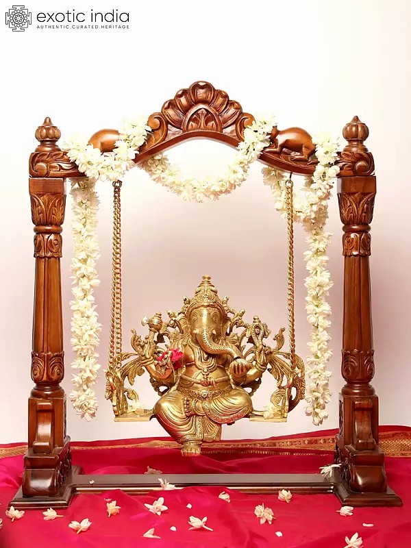 25" Lord Ganesha Brass Statue on a Wooden Swing