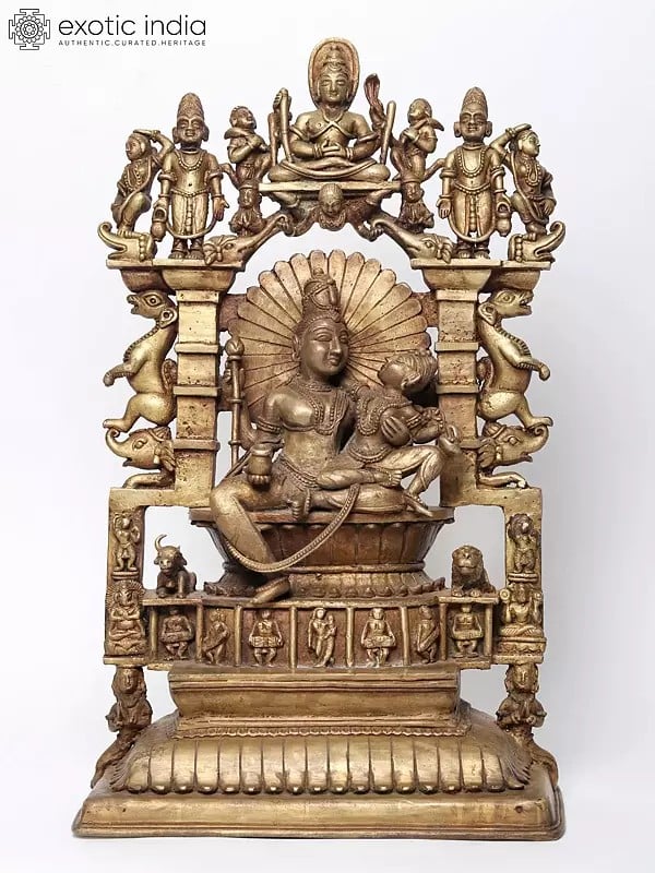 22" Bronze Shiva and Parvati Idol Seated On Throne In The Divine Residence of Kailasa