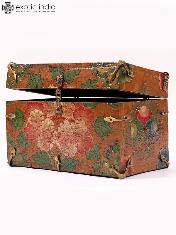 9" Wooden Tibetan Buddhist Handpainted Storage Box