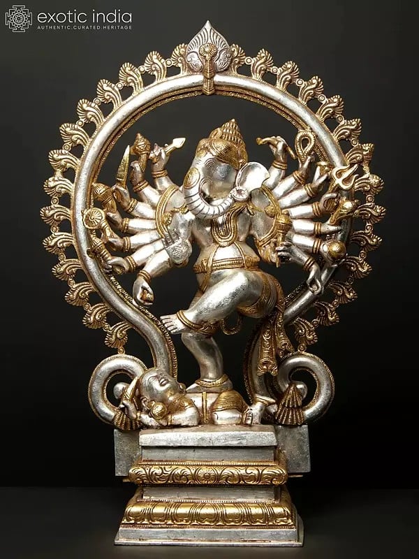 26" Gold and Silver Sixteen Armed Dancing Lord Ganesha Idol | Brass Statue