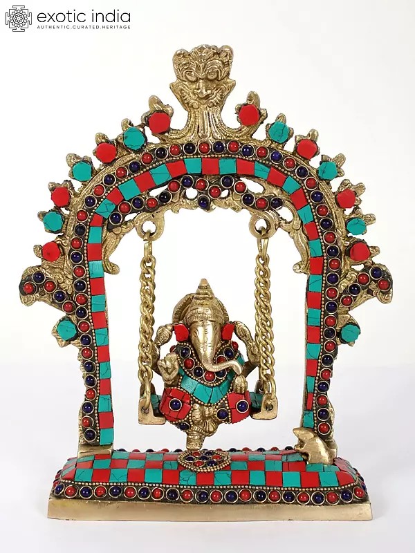 9" Brass Lord Ganesha on Kirtimukha Swing | Inlay Art