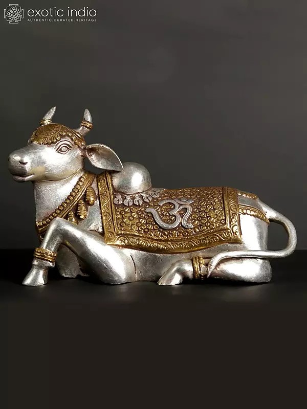 13" Silver and Gold Brass Nandi - The Vehicle of Lord Shiva