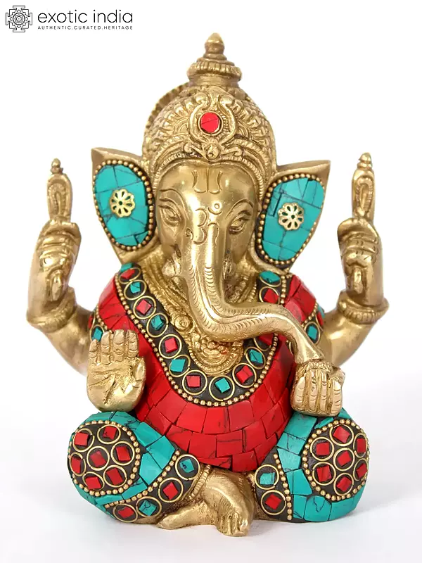 5" Small Brass Ganesha Brass Statue with Inlay Work